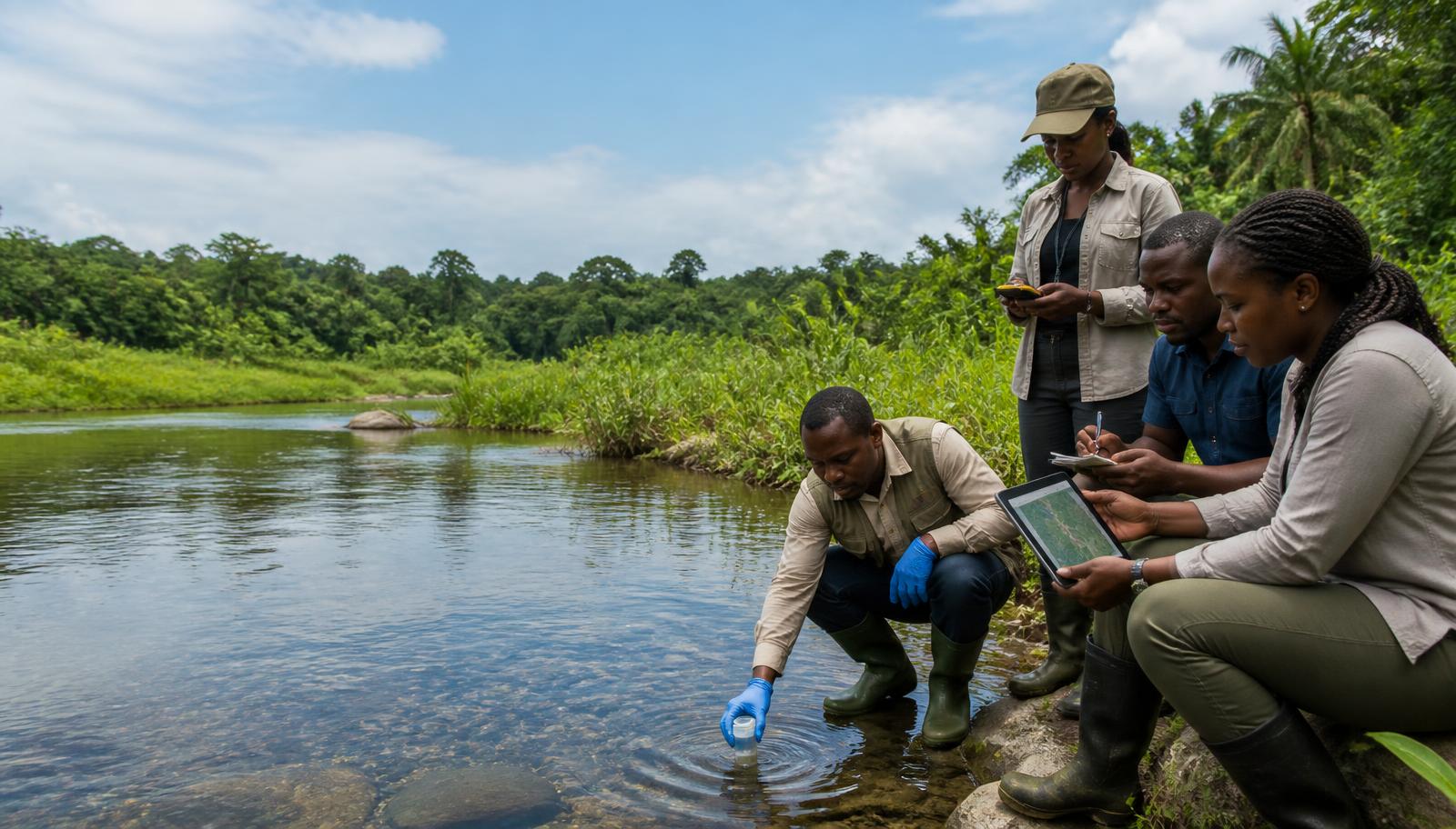 Professionnels de l'environnement réalisant un suivi de terrain près d'un cours d'eau